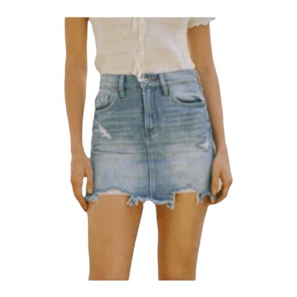 KanCan Signature High Rise Jean Skirt Blue Denim Distressed Mini Raw Hem 23 - Picture 1 of 6